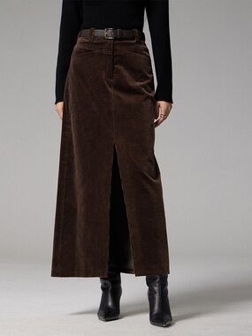 COMMENSE Pockets Corduroy Slit Maxi Skirt Brown Size XS NWT
